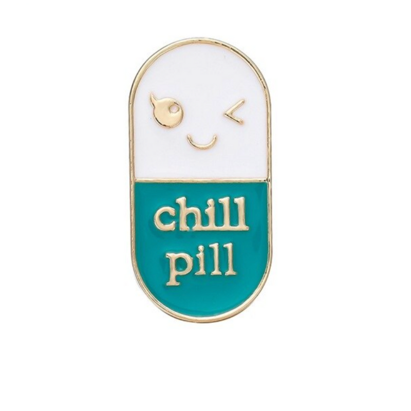 Delicate Charms Chill Pill enamel pin as a great gift for a med student, nurse, pharmacist doctor