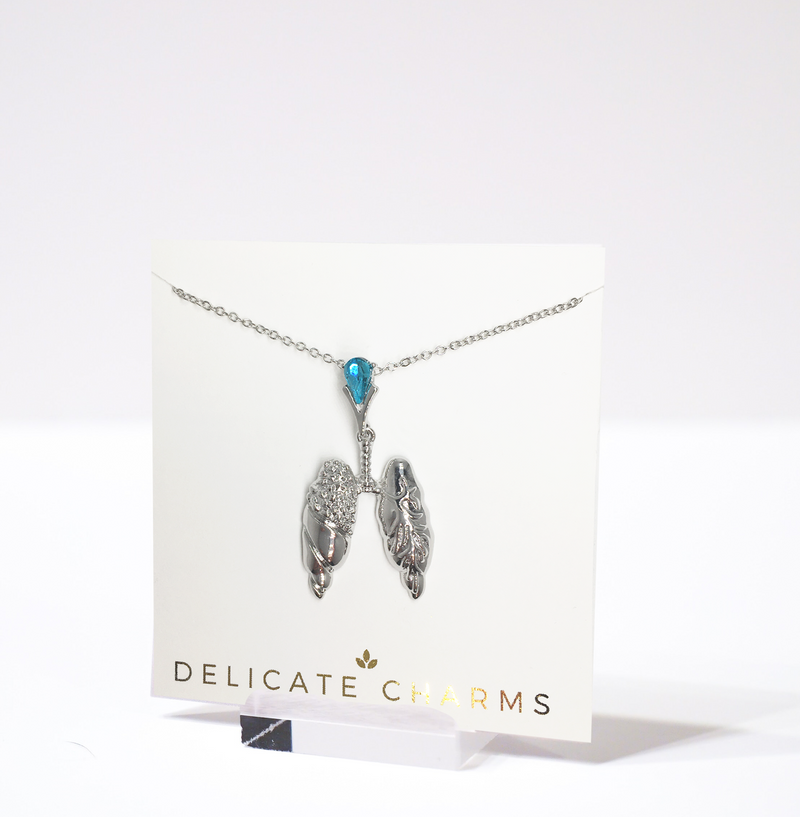 Delicate Charms Lungs Necklace Aquamarine Crystal Anatomy Silver